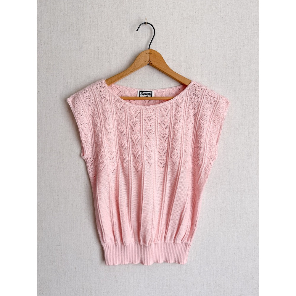 Keneth Too! Vintage Knit Shell Pointelle Ribbed Top Pink Sleeveless USA Made M
